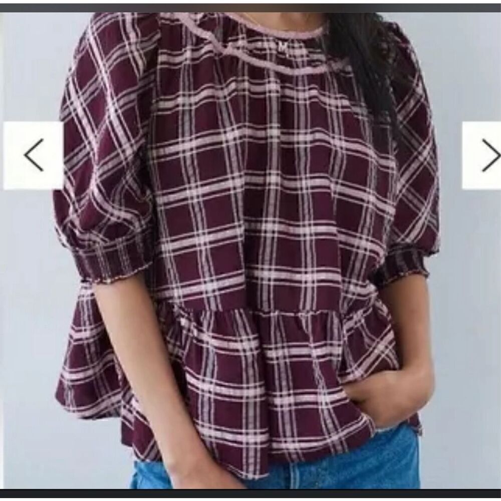 Find Me Now Anthropologie kady plaid puff sleeve blouse M